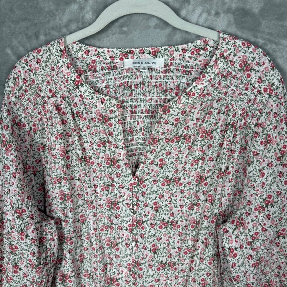 Rose + Olive Top Womens 1X Boho Peasant Tunic Floral 3/4 Sleeve Smocked Buttons - Picture 3 of 12